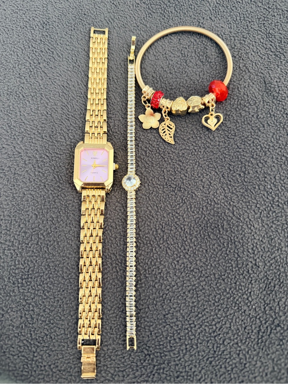 Gold-Tone Women's Bracelet Set with Red Accent Charm